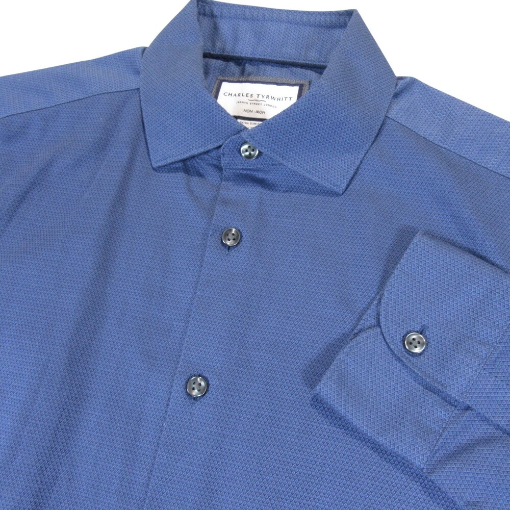 Charles Tyrwhitt Mens Button Up Shirt 16 / 34 Extra Slim Fit Dark Blue Geometric